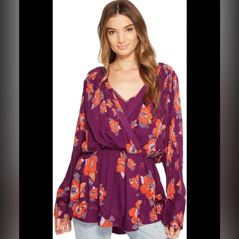 Free People Tuscan Dreams V-neck Blouse Tunic Top/dress Size L Longsleeve
